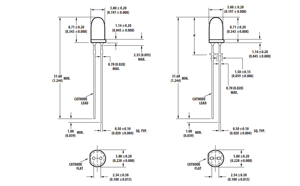 Mechanical Drawing - Broadcom HLMP-EG3A 5mm AlInGaP LED Lamps